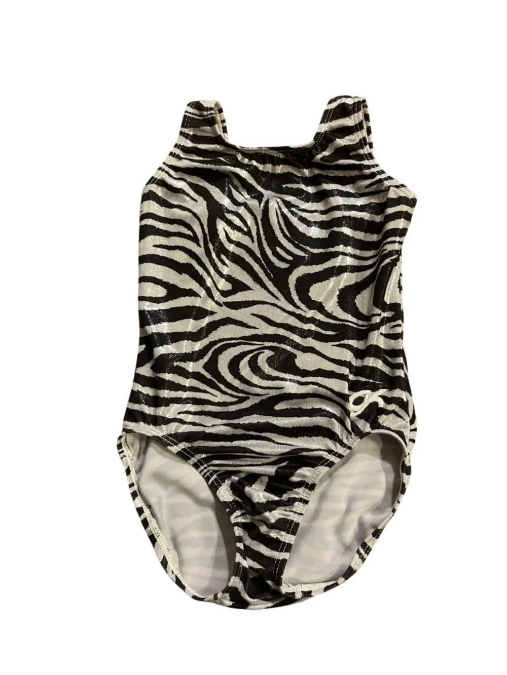 GK Elite Zebra Print Metallic Gymnastics Leotard Girls M (CM) Used Sleeveless
